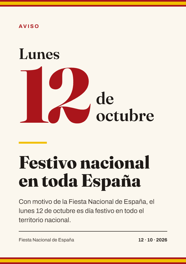 Lunes 12 de octubre: festivo nacional en toda España. No habrá clases.